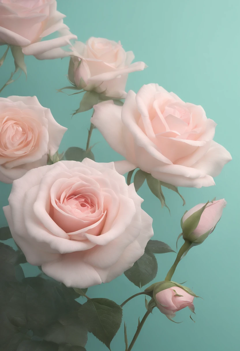 Fancy fancy fancy elegant botanical rose floral minimalism with a wave of flowers garden flowers flowing floating in hazy pastel pink, aqua green, damasco pastel, smoke fractal, flores mal-humoradas e massivamente realistas, octane rendering, Arte de parede Josephine, Isabel eu fui, Jean, Amy Castanho