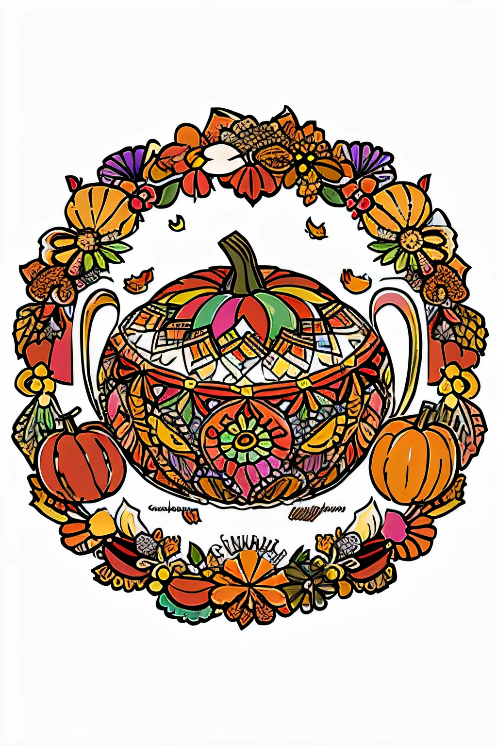 colorfully colored coloring page of stickers of beautiful, elaborate, extremely colorful autumn thanksgiving decorations in the style of a saturday evening post illustration