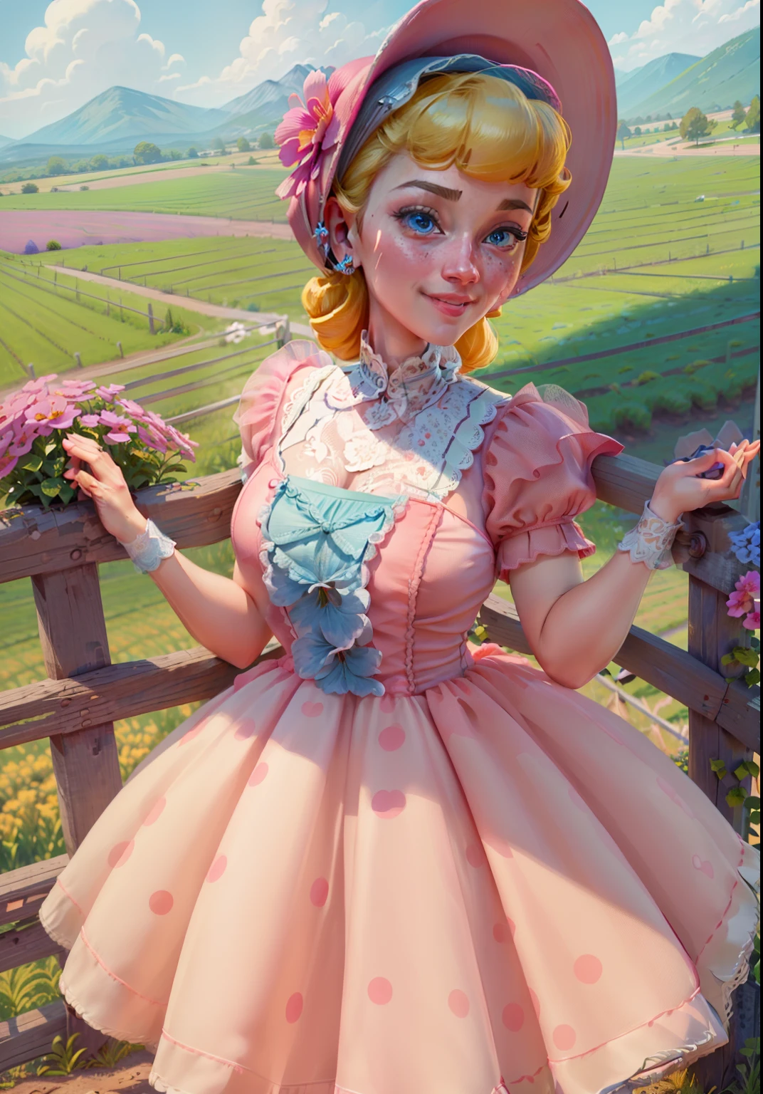 (BoPeepWaifu:1), smile, cute, cute pose, looking at viewer, thick thighs, :D, (pink dress, long skirt, polka dot, headwear:1.2), from above,
(realistic:1.2), (realism), (masterpiece:1.2), (best quality), (ultra detailed), (8k, 4k, intricate),(full-body-shot:1),(Cowboy-shot:1.2), (85mm),light particles, lighting, (highly detailed:1.2),(detailed face:1.2), (gradients), sfw, colorful,(detailed eyes:1.2),
(detailed ladscape, farm, fence, plants, flowers, sheeps:1.2),(detailed background),detailed landscape, (dynamic angle:1.2), (dynamic pose:1.2), (rule of third_composition:1.3), (Line of action:1.2), wide shot, daylight, solo,