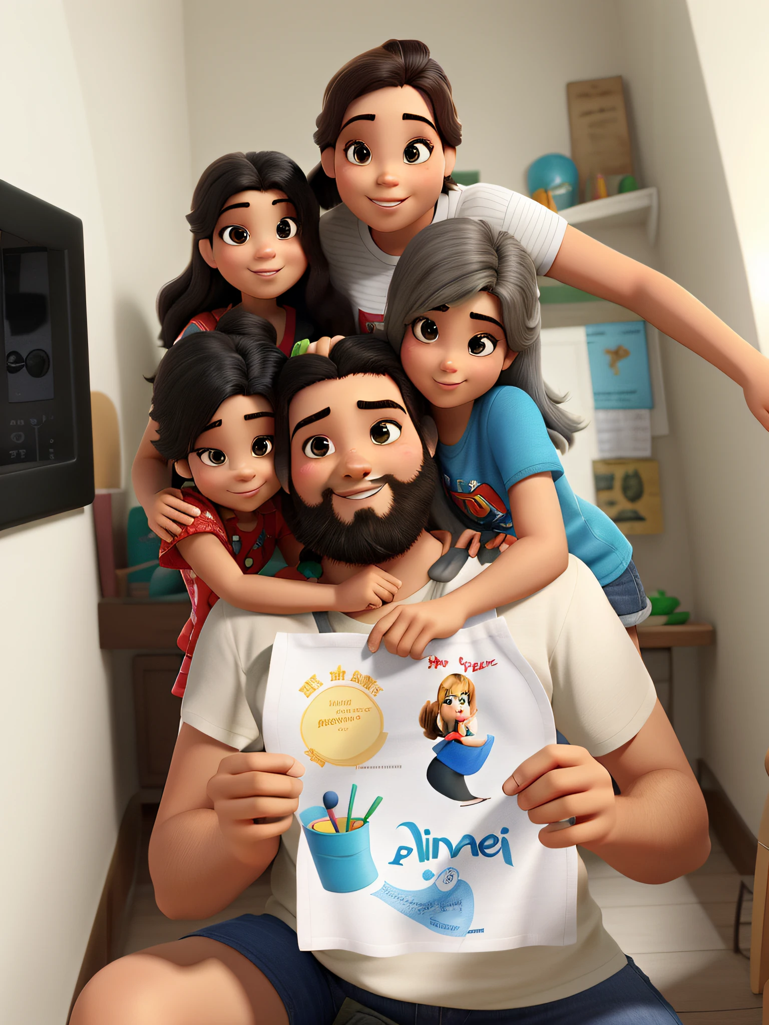 Pai com suas 4 filhas (s de cabelo longo) estilo pixar, alta qualidade, melhor qualidade