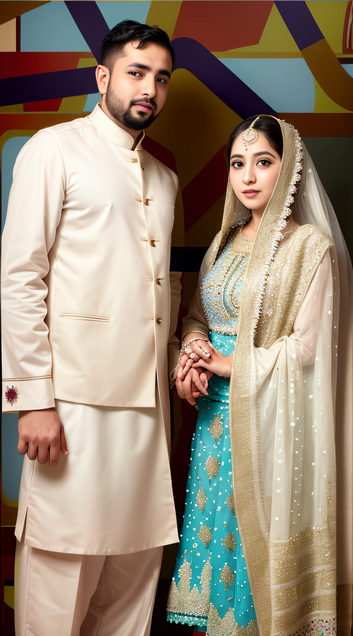 they are dressed in traditional attire and posing for a picture, wedding photo, lovely couple, wedding, by Riza Abbasi, official photos, very clear picture, khyzyl saleem, ruan ji, couple, wife, inspired by Riza Abbasi, traditional clothes, wearing traditional garb, kyza saleem, happy couple, traditional clothing