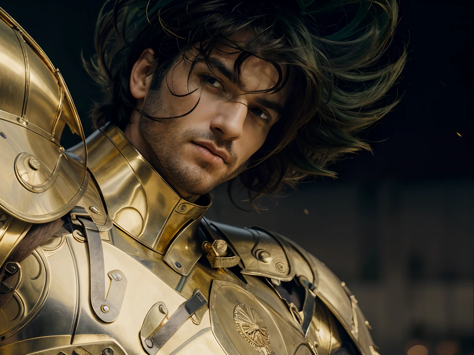 (masterpiece), (realistic) low angle, close up portrait of an man, (male), 30 years old, spanish, (1boy), solo, serious, looking at viewer, wearing an medieval armor, (full body armor), (golden armor), chrome gold, (detailed armor), (ornate armor), dark green hair, (hair blowing in wind), (hair chops), upper body, night and stars background, sharp focus, cinematic lighting,