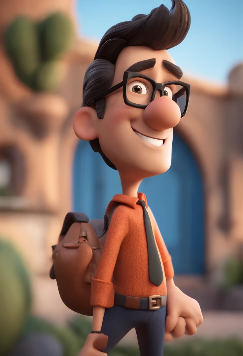 Cartoon character of a man wearing black glasses and a blue shirt, um personagem animado, Caractere estilizado, animation style rendering, 3D estilizado, Arnold Maya render, 3 d render stylized, toon render keyshot, Personagem 3D, Personagem 3D, 3d rendering stylized, 3 d character render, personagem de desenho animado, Personagem de close up, Pose de personagem, (Estilo Pixar) (master part:1.2) (Bokeh) (best quality) (pele detalhada) (textura detalhada) (8k) (argila) (Cinematic lighting) (foco nítido，Senta e vaza a parte superior do corpo