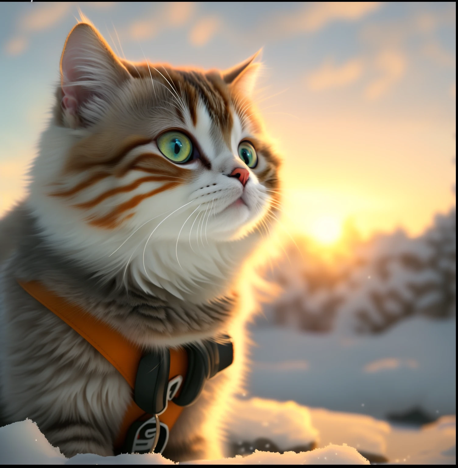 There is a cat sitting in the snow, lovely digital painting, realistic anime cat, awesome cat, Cute cat, A cute cat, anime visual of a cute cat, Realistic picture, Cute detailed digital art, anime cat, the cutest kitten ever, ultra-realistic picture, cute beautiful, electric cats that fly over ice, beautiful cat, adorable digital art, beautiful lovely