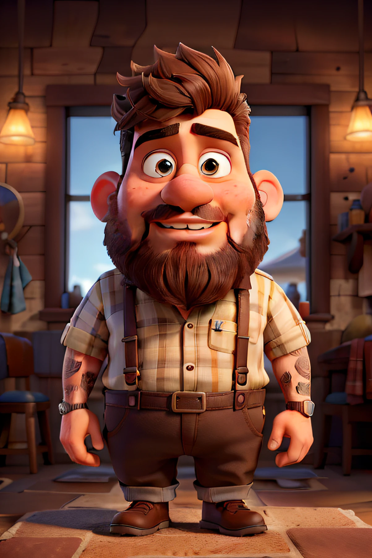 A bearded barber with brown hair, chubby, holding a razor in his hand styled in Disney fashion, (best quality, ultra-detailed), with sharp focus, (realistic), vibrant colors, (bokeh), (HDR), (studio lighting).