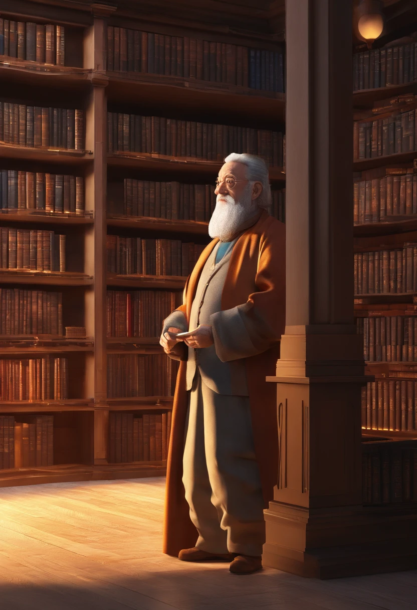 A wise old man standing in front, illuminated by the light of a lamp, against the backdrop of a library