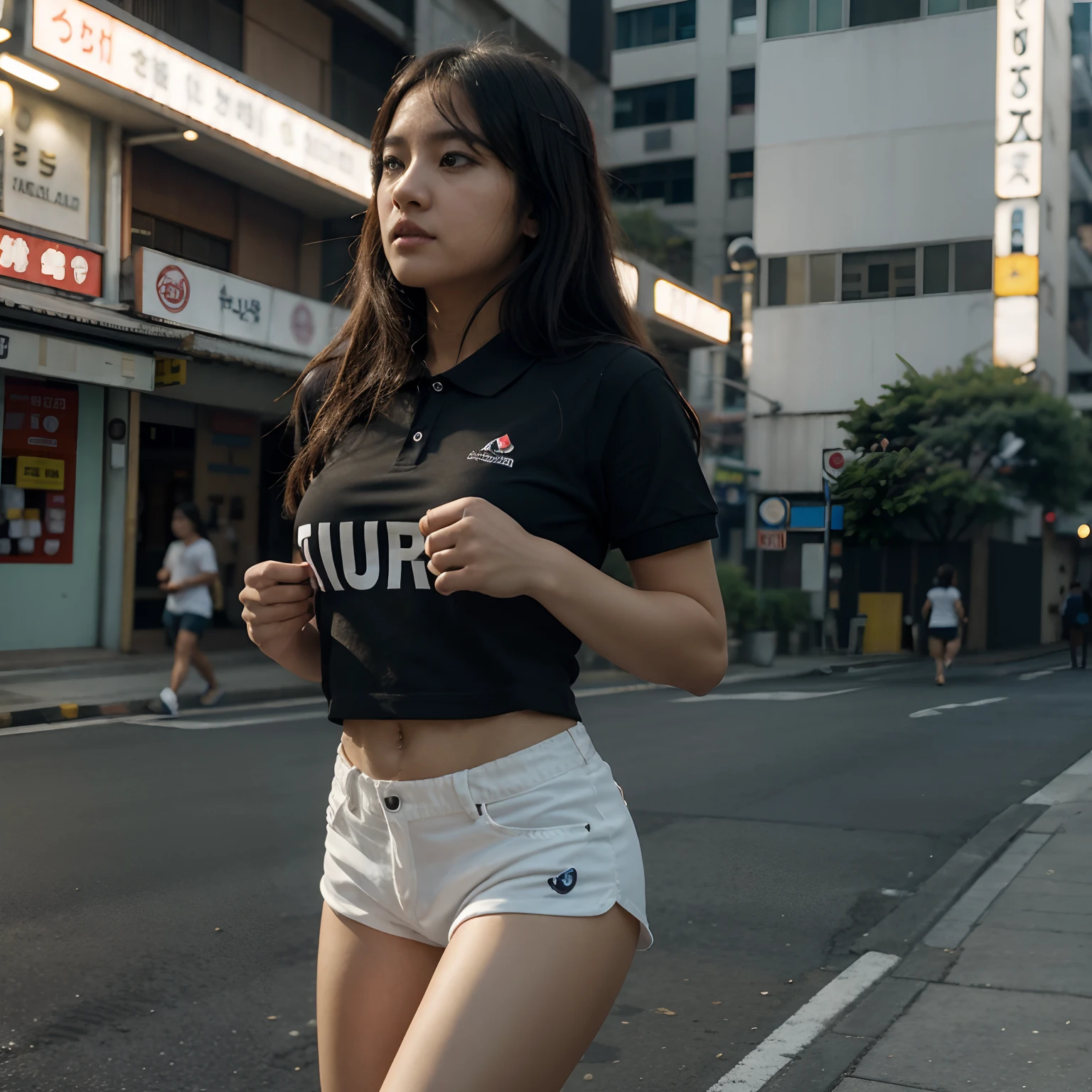 Cuerpp completo. Beautiful 25 year old South Korean girl, cabello negro, Dressed in polo shirt and shorts running down the sidewalk of Seoul, textura de piel gran angular, ultra detallado, Detalles intricados, octanaje renderizado, iluminacion volumetrica, golden ratio, imagen en 3D, resolucion 64K. photographic style: Lente de 50 mm, apertura F.2.5. Sugerencias: No debe salir: Bortoso, feo, ruido, grano, mala anatomia, malas proporciones, mal arte, mal dibujado, cara mala dibujada, mutado, mutilate, morbid, miembros perdidos, miembros extras, miembros flotantes, miembros fusionados, fuera de foco, fuera de cuadro, low res, carton, plastico