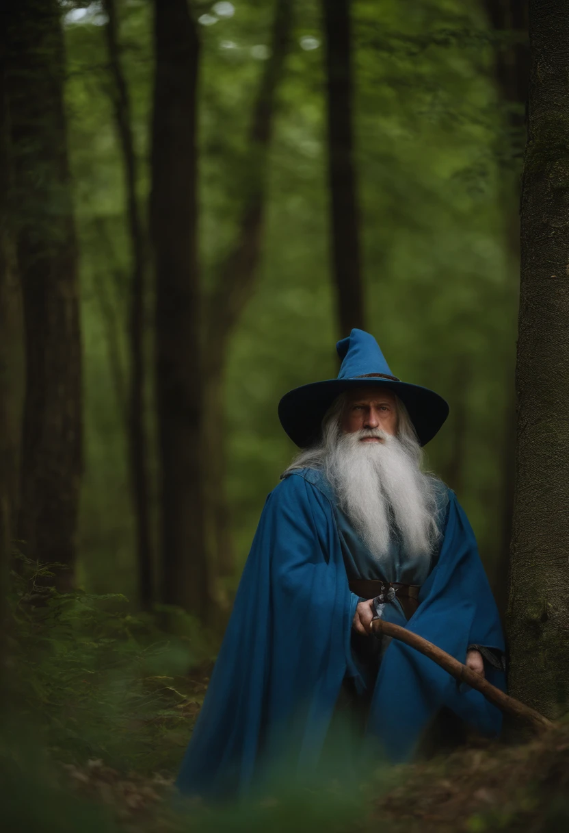 PetrPavel als Zauberer, in einem Wald, Gandalf-Cosplay, Blauer Umhang, Blauer Hut