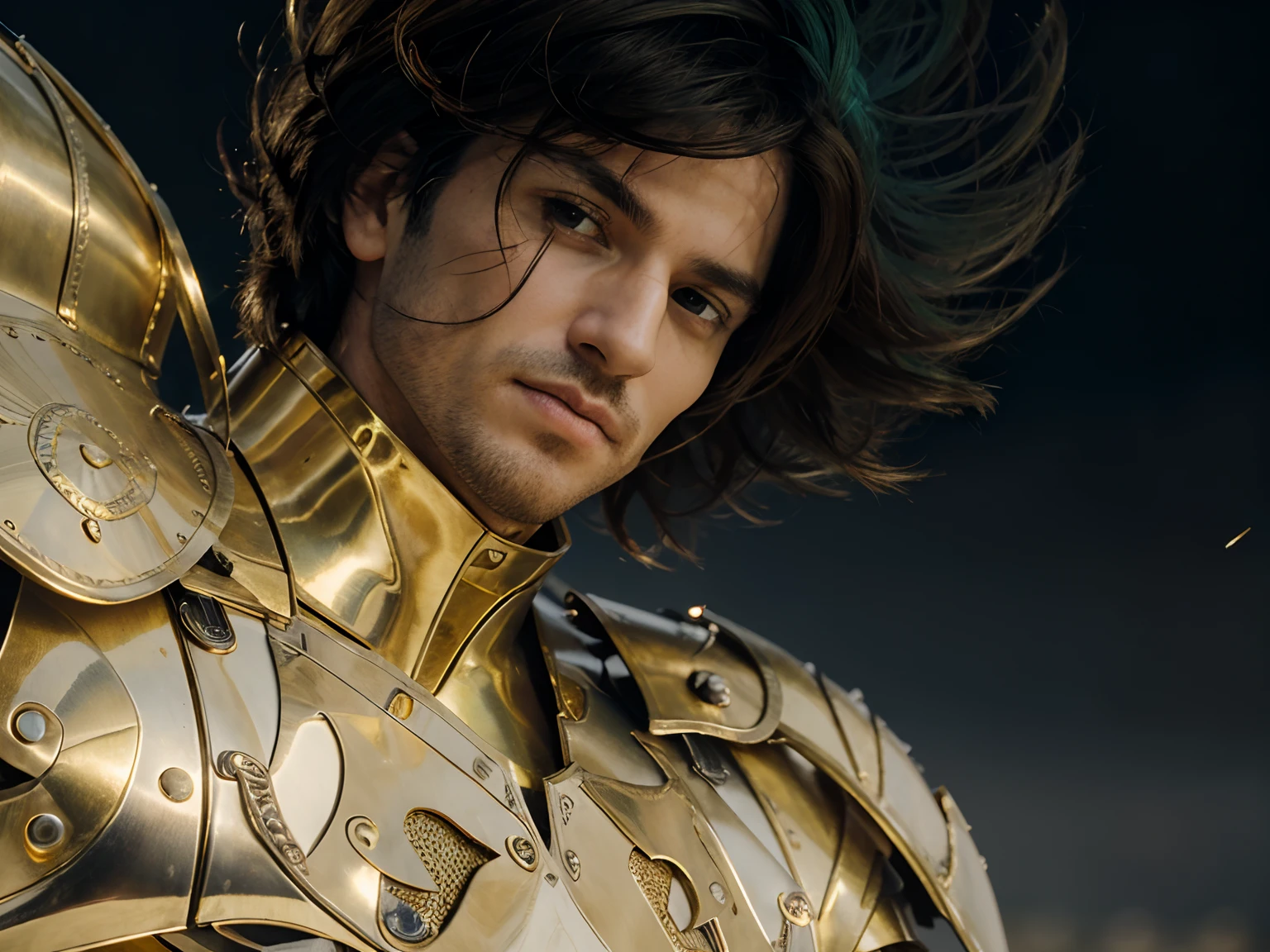 (masterpiece), (realistic) low angle, close up portrait of an man, (male), 30 years old, spanish, (1boy), solo, serious, looking at viewer, wearing an medieval armor, (full body armor), (golden armor), chrome gold, (detailed armor), (ornate armor), dark green hair, (hair blowing in wind), (hair chops), upper body, night and stars background, sharp focus, cinematic lighting,