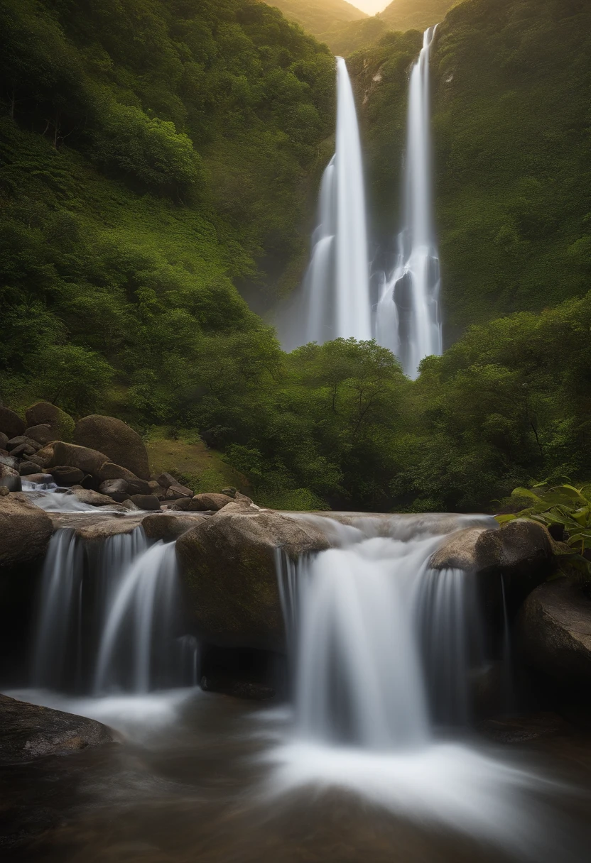 Descreva uma cena visual de um carro parado em frente a uma cachoeira em uma montanha. The image should convey a sense of serenity and natural beauty. Be sure to include as much detail as possible, como a marca e a cor do carro, A paisagem circundante, The characteristics of the waterfall and the mountainous landscape. Tente criar uma atmosfera que inspire calma e tranquilidade. Descreva as cores, os elementos naturais, the lighting and any additional elements that help bring that scene to life. Feel free to add sensory information, como cheiros, sons e texturas, that contribute to the visual experience of that scene