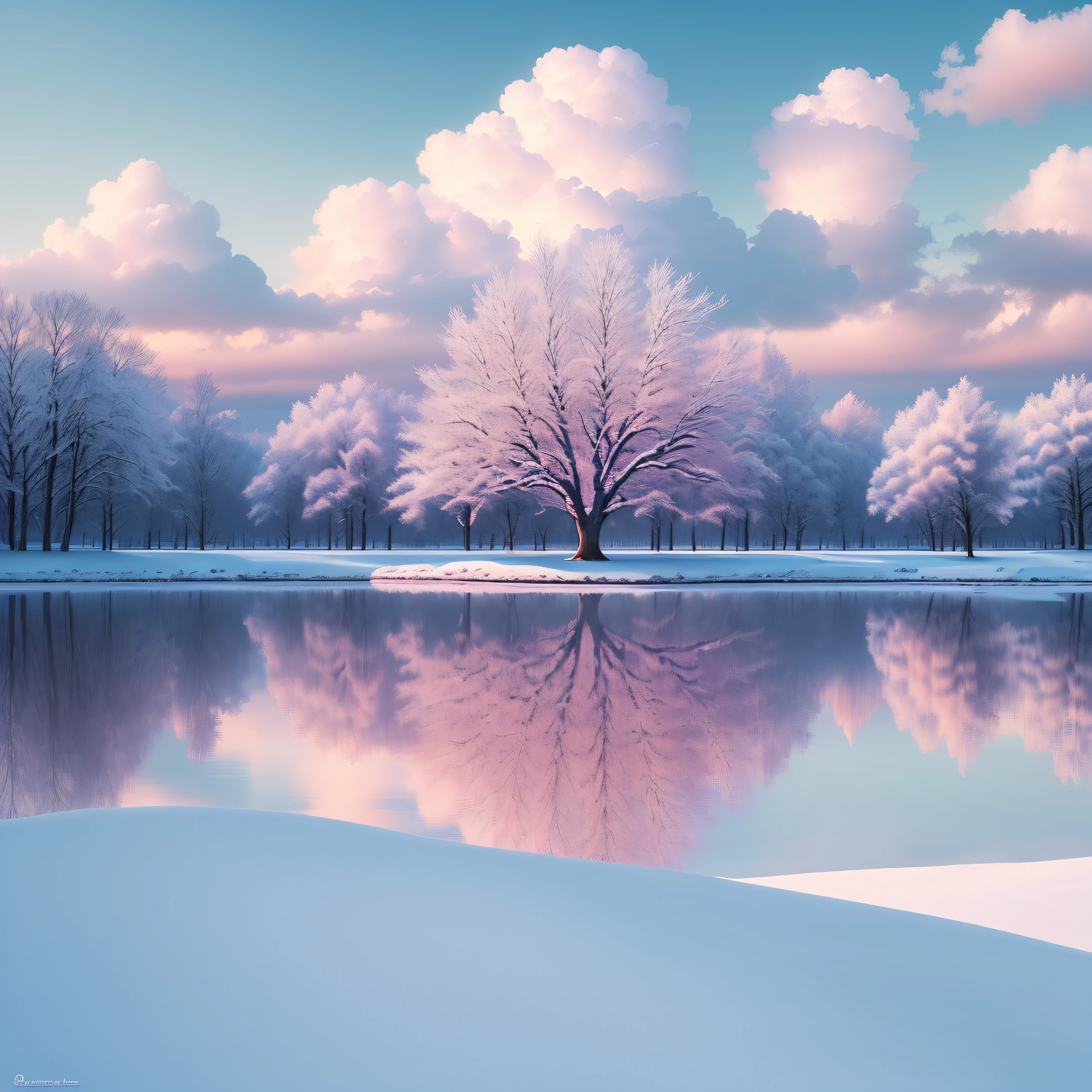 (Best Quality, Masterpiece) Beautiful, Snowy landscapes, warm, pale pink, Another winter tree, Bright color, Bright, blue skies, covered with clouds, The Spirit of Hope, Calm and peaceful landscape.