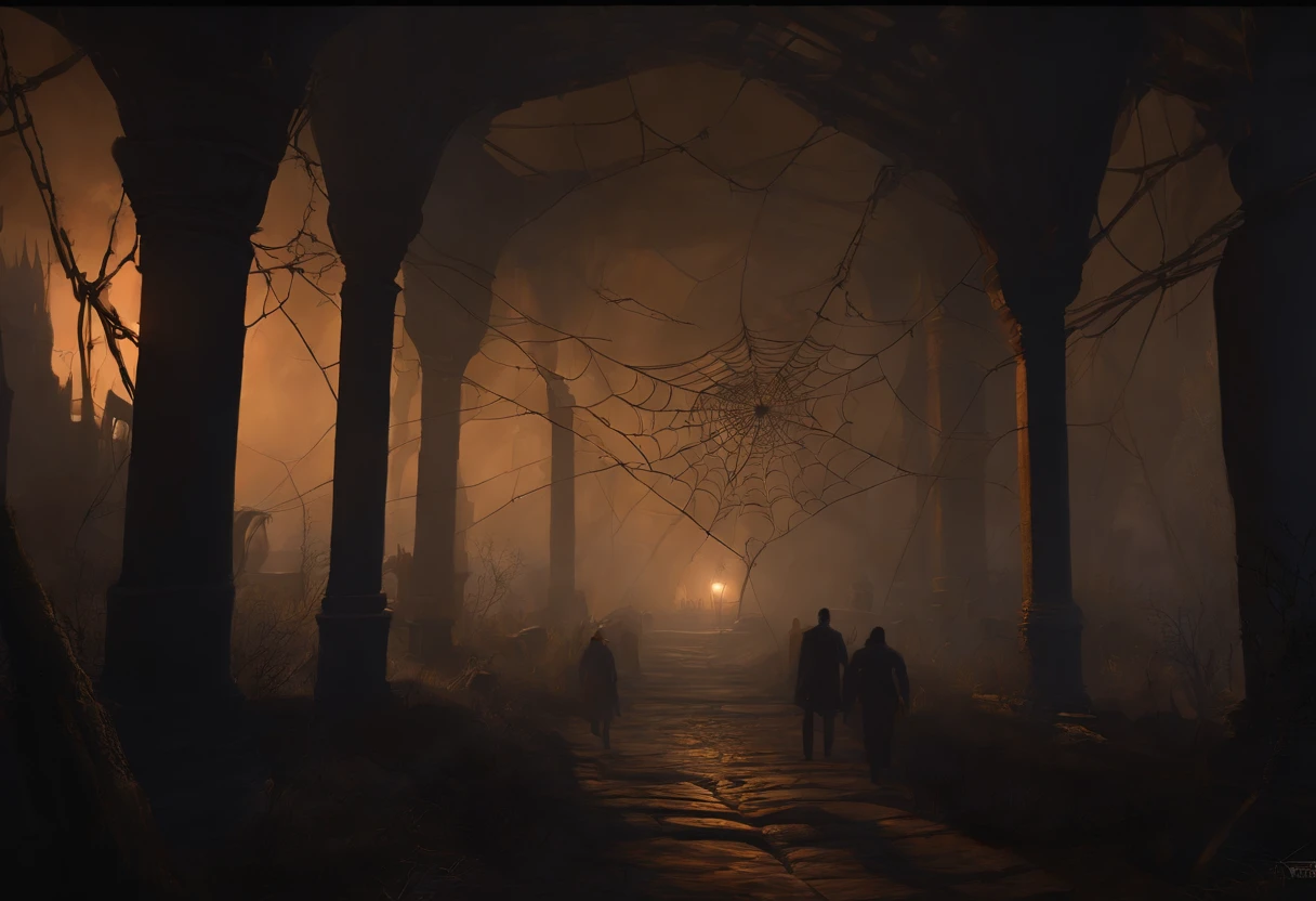 nighttime, torchlight, giant webs, walkways made of web, darkness below the walkways, spiders, spider eggs, creepy, dark, webways, underdark, painted as a game concept art, environment concept art, environment and concept art, painterly concept art,
