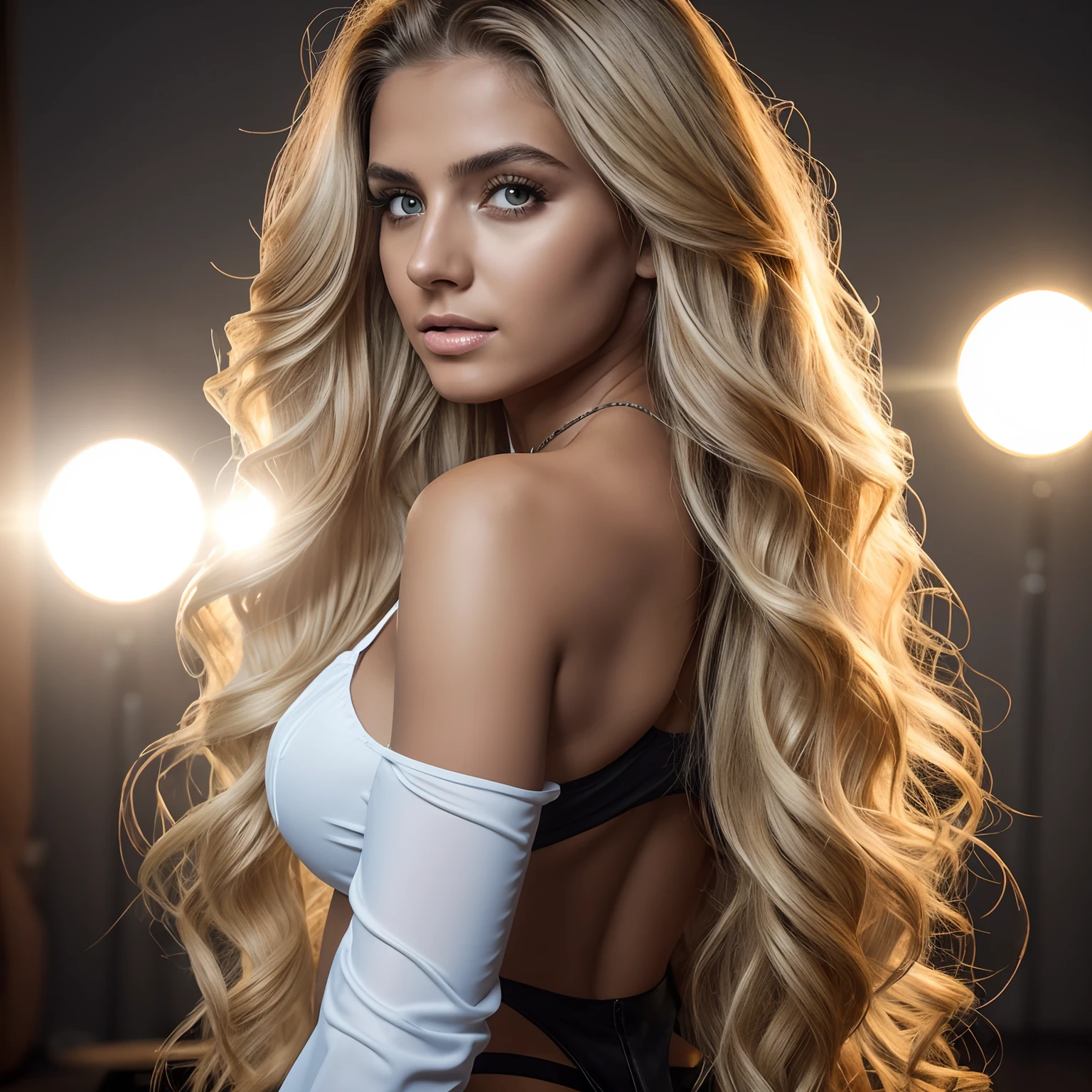 RAW photo, a 20-year-old Brazilian woman, blonde balayage, long hair, medium size breast, hour glass shaped body, dressed in helloween costume, swxy police woman, (soft backlight), realistic, masterpiece, highest quality, lens flare, [[chromatic aberration]],best shadow, photorealism, hyperrealism, one girl