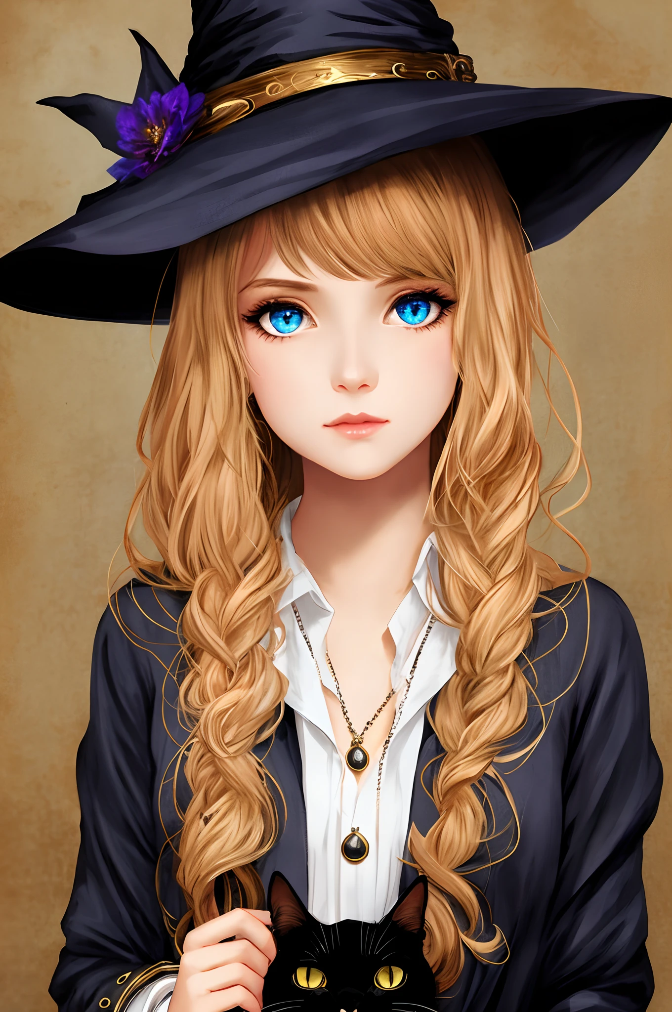 A girl, Cute Witch, intense gaze, Beautiful eyes, Fantasy, Magic, Black Cat, Magic, Fairy-tale world, mystery, ritual, sorcery, Detailed study, hiquality