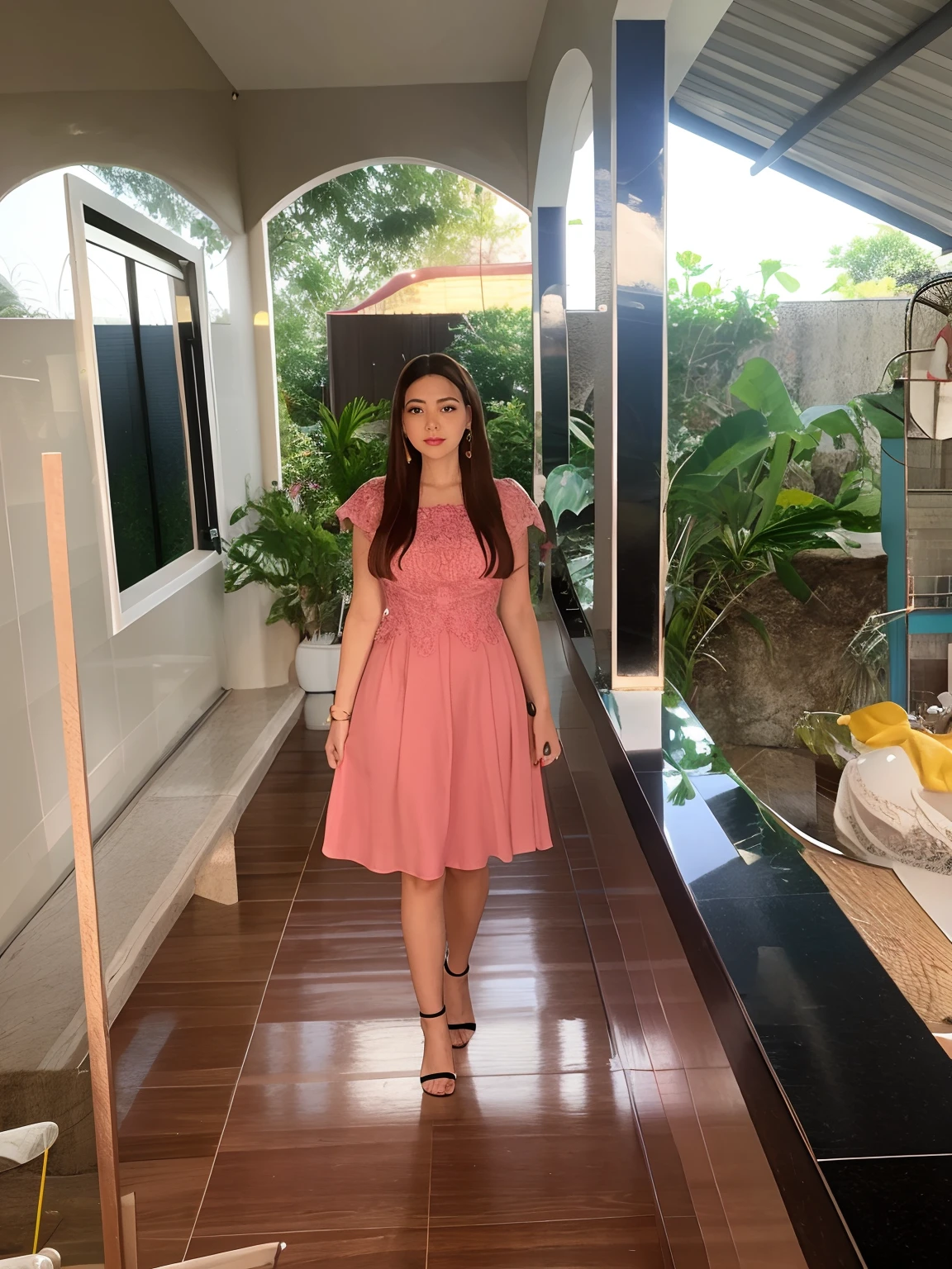 Arafed woman in a pink dress standing in a hallway, vestido com um vestido rosa, imagem de corpo inteiro, usando um vestido rosa, usando um vestido elegante, full body photogenic shot, during sunset, cindy avelino, Fotografia tirada em 2 0 2 0, background is celestial, traje formal, corpo inteiro!, usando vestido, usando um vestido maravilhoso