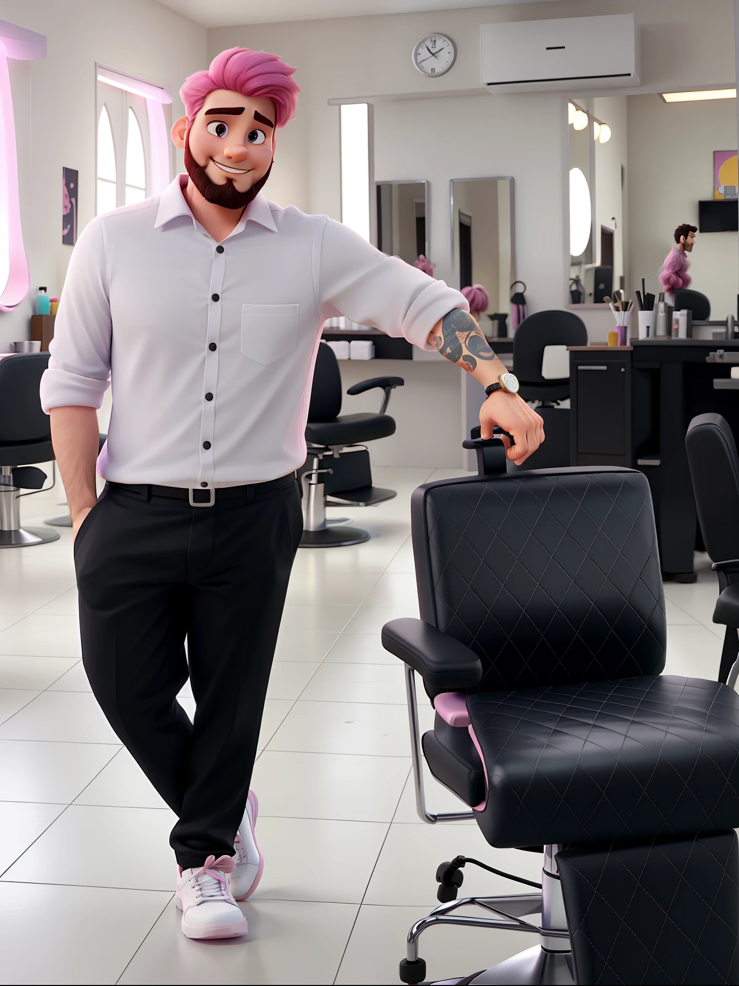 A man in the salon, white shirt, black pants, pink hair, short beard, Disney pixar style, alta qualidade, melhor qualidade