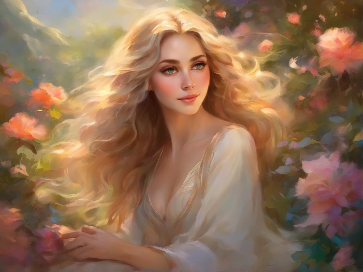 Portrait of a beautiful girl, detailed eyes, soft smile, long curly hair, in a garden, surrounded by blooming flowers, basking in golden sunlight, wearing a flowing dress, embracing her feminine grace and elegance, with a gentle breeze blowing through her hair, evoking a sense of tranquility and serenity. The artwork is created using oil painting techniques, capturing every intricate detail of her features, from the delicate eyelashes to the radiant glow on her cheeks. The colors are vibrant and vivid, with a warm and dreamy color palette that enhances the romantic ambiance. The lighting is soft and ethereal, highlighting the girl's beauty and creating a touch of magic. The overall image quality is of the highest level, with ultra-detailed brushstrokes and a realistic portrayal of the girl's emotions. It is a masterpiece of art, exuding a sense of elegance and capturing the viewer's heart.