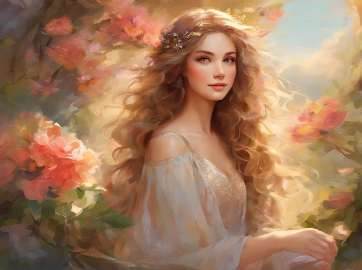 Portrait of a beautiful girl, detailed eyes, soft smile, long curly hair, in a garden, surrounded by blooming flowers, basking in golden sunlight, wearing a flowing dress, embracing her feminine grace and elegance, with a gentle breeze blowing through her hair, evoking a sense of tranquility and serenity. The artwork is created using oil painting techniques, capturing every intricate detail of her features, from the delicate eyelashes to the radiant glow on her cheeks. The colors are vibrant and vivid, with a warm and dreamy color palette that enhances the romantic ambiance. The lighting is soft and ethereal, highlighting the girl's beauty and creating a touch of magic. The overall image quality is of the highest level, with ultra-detailed brushstrokes and a realistic portrayal of the girl's emotions. It is a masterpiece of art, exuding a sense of elegance and capturing the viewer's heart.