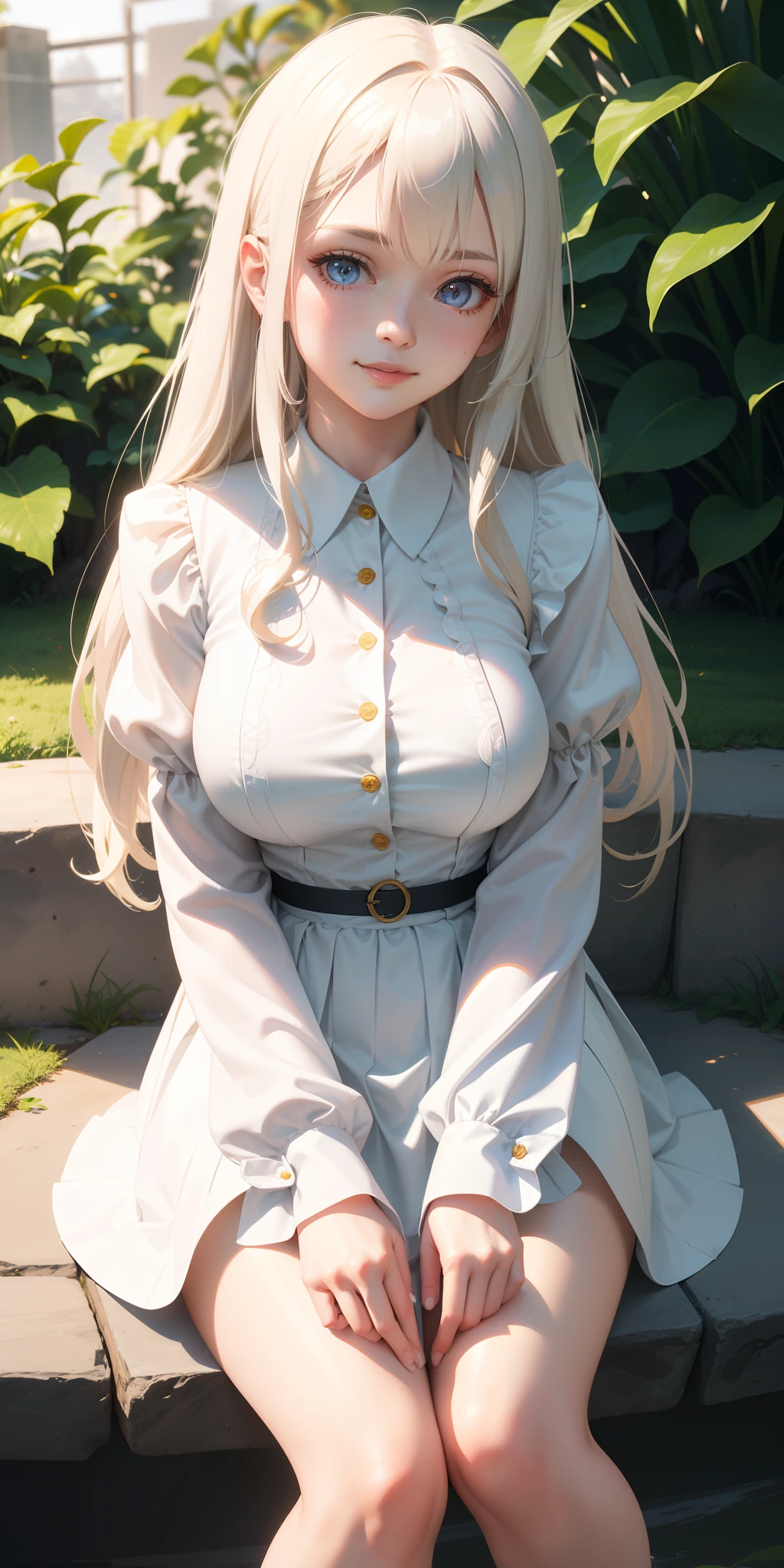 Medium and round breasts ((beautiful and cute sexy girl)), long white hair styled with long bangs, light effects on the eyes, detailed iris, detailed eyes, extremely sensual body, Button Front Flare Hem Skirts, floral print blouse with long sleeves, sensual neckline ((hyper detailed, 16k, hyper realistic, masterpiece, perfect lighting, superior image quality)) shy smile, she is introverted, embarrassed, sitting, in the field, her beauty is highlighted in nature, contrast light and shadow on the skin