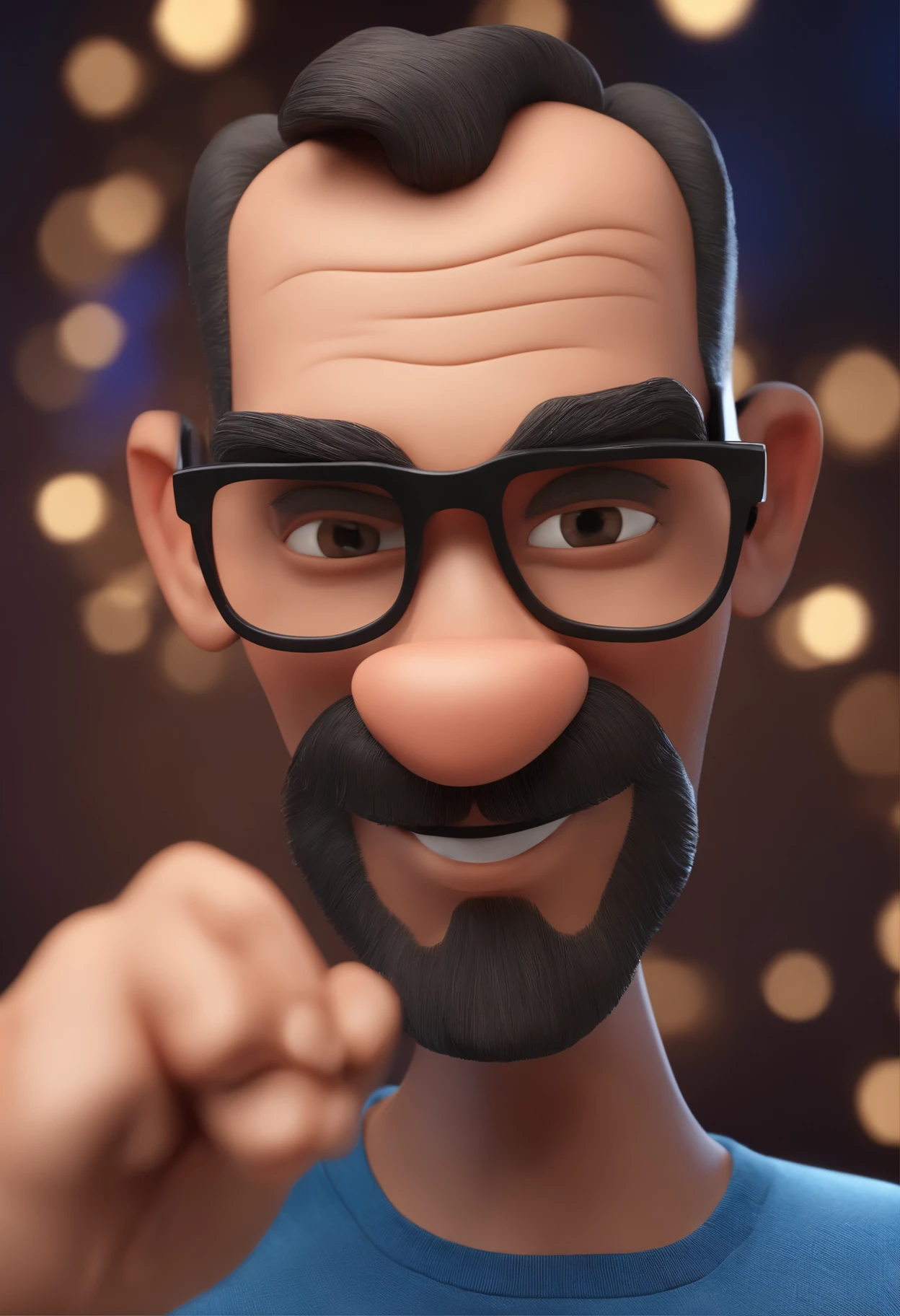 Cartoon character of a man with black glasses and a blue shirt, animation character, Caractere estilizado, animation style rendering, 3D estilizado, Arnold Maya render, 3 d render stylized, toon render keyshot, Personagem 3D, Personagem 3D, 3d rendering stylized, 3 d character render, personagem de desenho animado, Personagem de close up, Pose de personagem,  (Estilo Pixar) (master part:1.2) (Bokeh) (best quality) (pele detalhada) (textura detalhada) (8k) (argila) (Cinematic lighting) (foco nítido