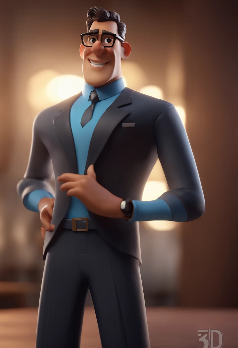 Cartoon character of a man with black glasses and a blue shirt, animation character, Caractere estilizado, animation style rendering, 3D estilizado, Arnold Maya render, 3 d render stylized, toon render keyshot, Personagem 3D, Personagem 3D, 3d rendering stylized, 3 d character render, personagem de desenho animado, Personagem de close up, Pose de personagem,  (Estilo Pixar) (master part:1.2) (Bokeh) (best quality) (pele detalhada) (textura detalhada) (8k) (argila) (Cinematic lighting) (foco nítido