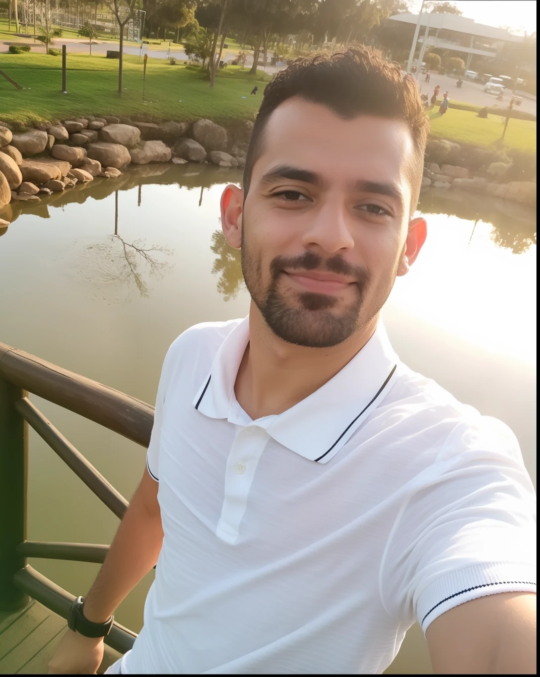 Homem de Arafed tirando uma selfie de si mesmo em uma ponte, Camilo GC, Fotografia selfie 8k, com um parque ao fundo, inspired by Antônio Parreiras, david rios ferreira, nice afternoon lighting, cerca de 3 5 anos, (38 anos), 3 2 anos, Parque em segundo plano, em um parque