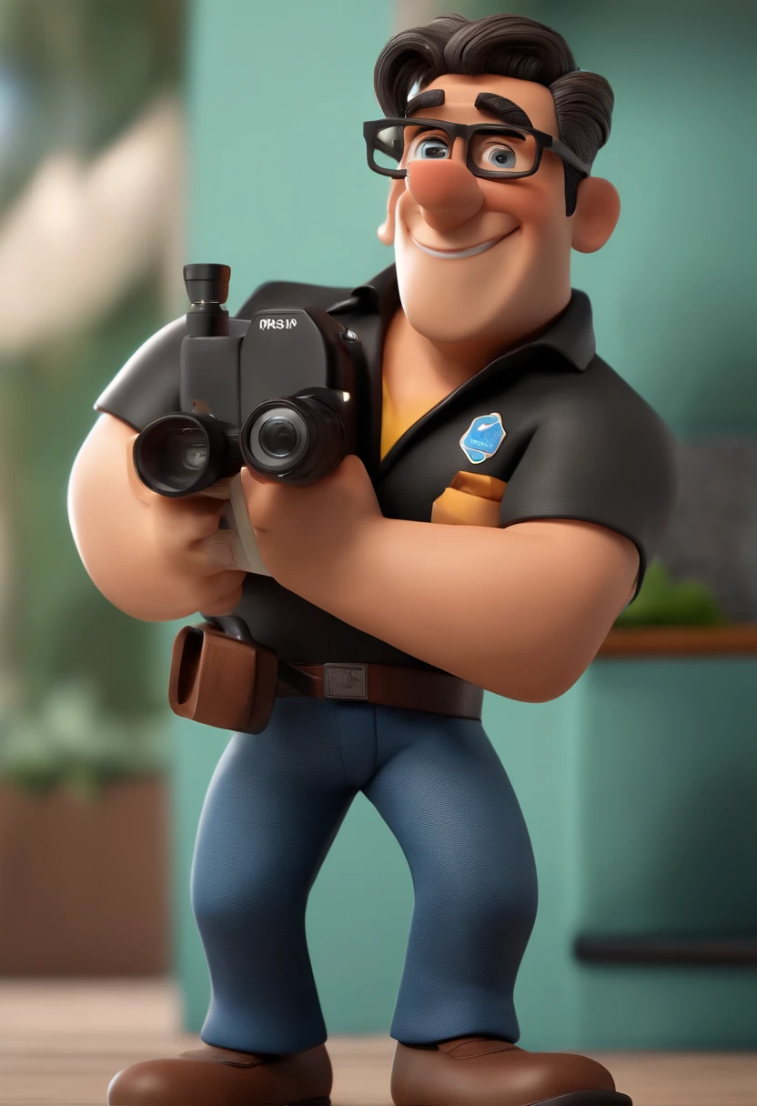 Cartoon character of a man wearing black glasses and a blue shirt, um personagem animado, with a camera in hand, Caractere estilizado, animation style rendering, 3D estilizado, Arnold Maya render, 3 d render stylized, toon render keyshot, Personagem 3D, Personagem 3D, 3d rendering stylized, 3 d character render, personagem de desenho animado, Personagem de close up, Pose de personagem, (Estilo Pixar) (master part:1.2) (Bokeh) (best quality) (pele detalhada) (textura detalhada) (8k) (argila) (Cinematic lighting) (foco nítido,Senta e vaza a parte superior do corpoHomem de camisa azul sentado em frente a uma porta, José Moncada, Eloy Morales, david rios ferreira, andres rios, Ronaldo Nazario, luiz escanuela, danilo torres, edu souza, with serious face expression, juan diaz canales, Pablo Perdomo, Phenomenon Ronaldo Nazario, angry looking at camera
