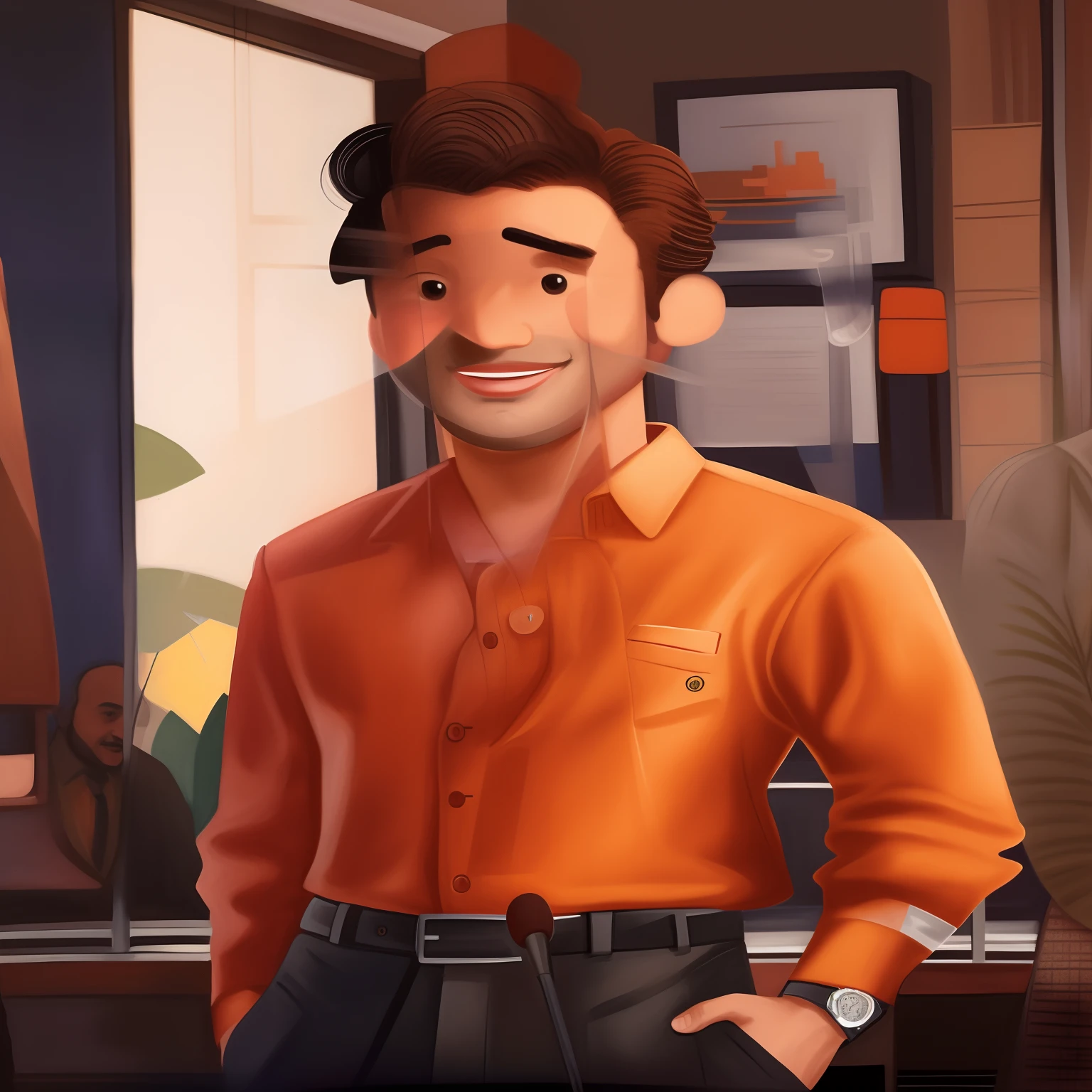 smiling man in a suit and tie standing in front of a microphone, carmelo blandino, caio santos, pablo perdomo, icaro carvalho, by Amelia Peláez, by Pablo Carpio, by João Artur da Silva, mohamed reda, by Herbert MacNair, pablo olivera, daniel mirante, pedro correa