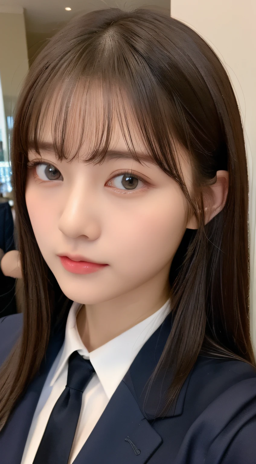 ((top-quality、8K、​masterpiece:1.5))、One girl、(Unhealthy face)、(Letter to)、Blunt bangs、(Lots of bangs:1.4)、(full body Esbian:1.4)、(Symmetrical face)、hyperdetailed face、Ultra detailed mouth、A detailed eye、Detailed ears、Slim Faces、(selfee:1.4)、(off shoulders)、(Armpit)、(Looking Up)、(From  above)、(Straight long hair、Ahoge:1.3)、(Upper Eyes)、the background is blurred、(formal suit:1.3)、lipgloss、(casino)、(natural soft light:1.3)、