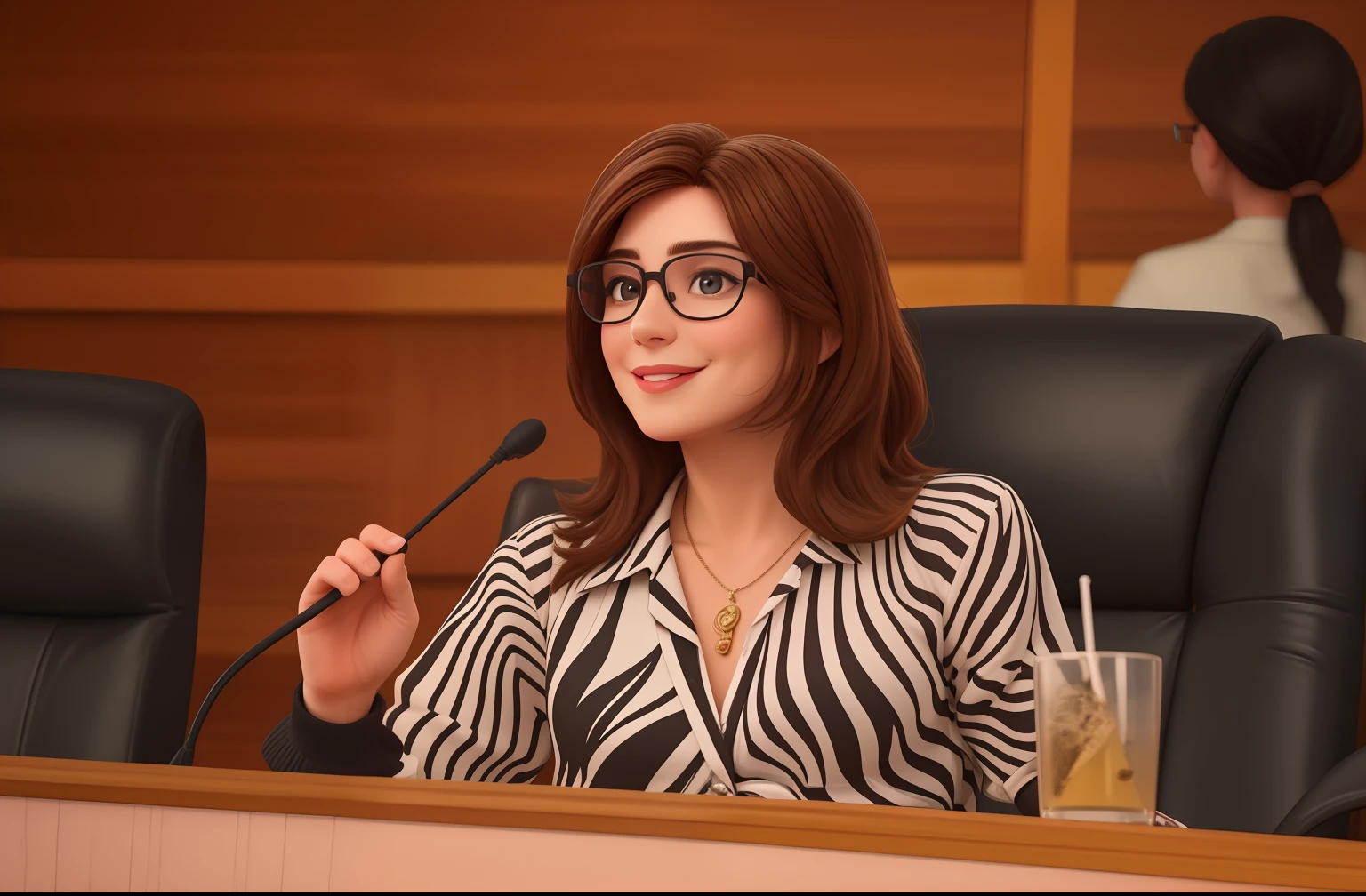 mulher de 45 anos, cabelo castanho, black frame glasses, Sympathetic smile.