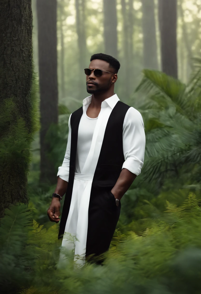 Personagem de desenho animado de homem negro de 38 anos, altura de 1,75, cabelo preto raspado, olhos negros, Dress with white t-shirt and black military pants. Imagem de fundo paisagem de floresta.