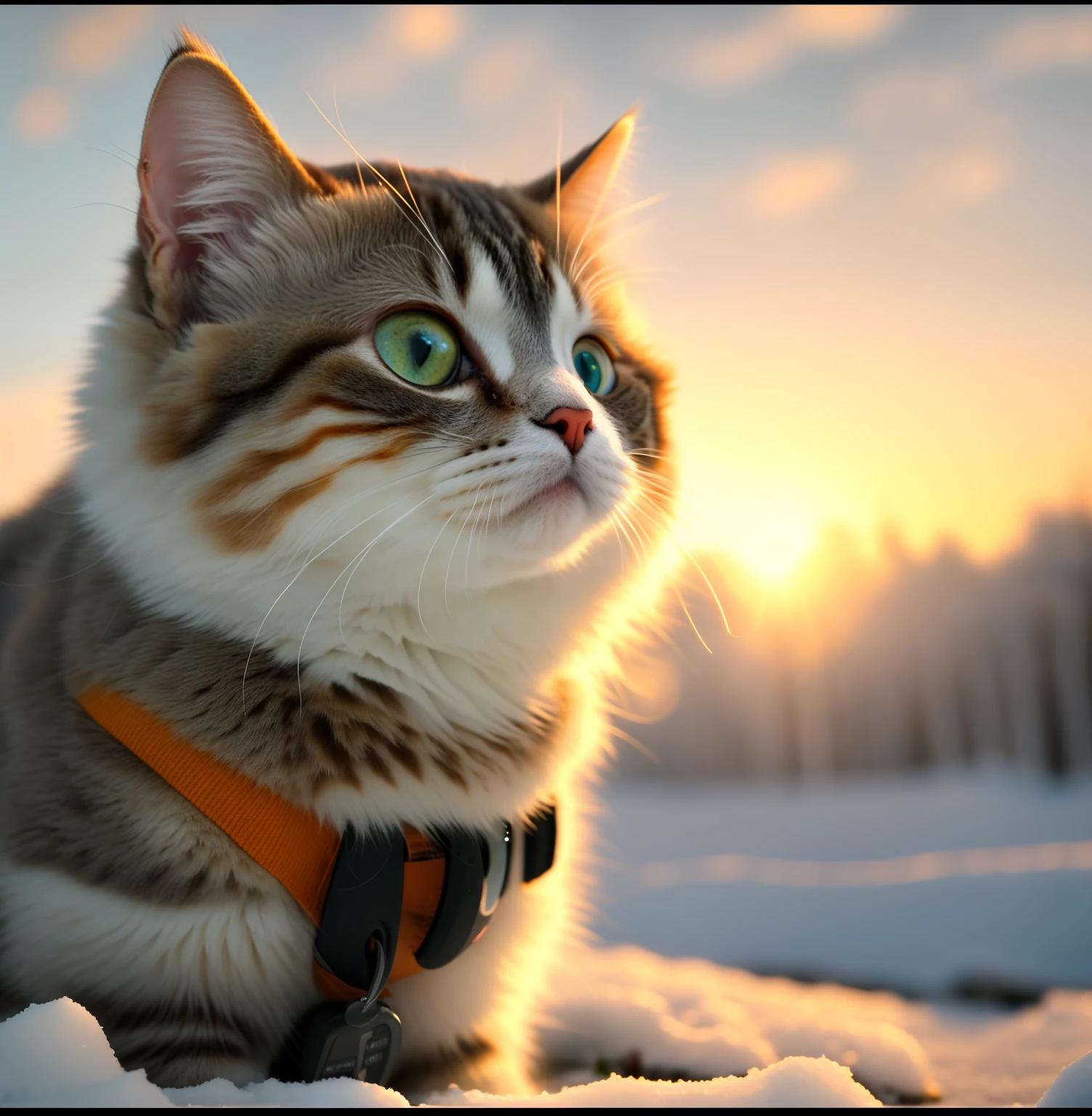 There is a cat sitting in the snow, lovely digital painting, realistic anime cat, awesome cat, Cute cat, A cute cat, anime visual of a cute cat, Realistic picture, Cute detailed digital art, anime cat, the cutest kitten ever, ultra-realistic picture, cute beautiful, electric cats that fly over ice, beautiful cat, adorable digital art, Beautiful and vivid,Bright eyes