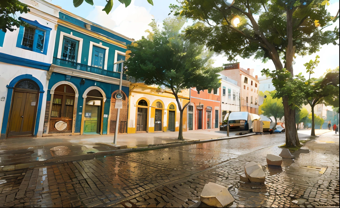 Ararian-looking street with colorful buildings and trees in the background, Ruas de Salvador, salvador, brightly colored buildings, baroque winding cobbled streets, colorful buildings, inspirado em Samuel Silva, Malika Favre, Rua da Era Colonial, Directed by: Felipe Seade, Caparisons coloridos, lindo, Cobblestone streets, Directed by: Fernando Gerassi, brasileiro, historical setting