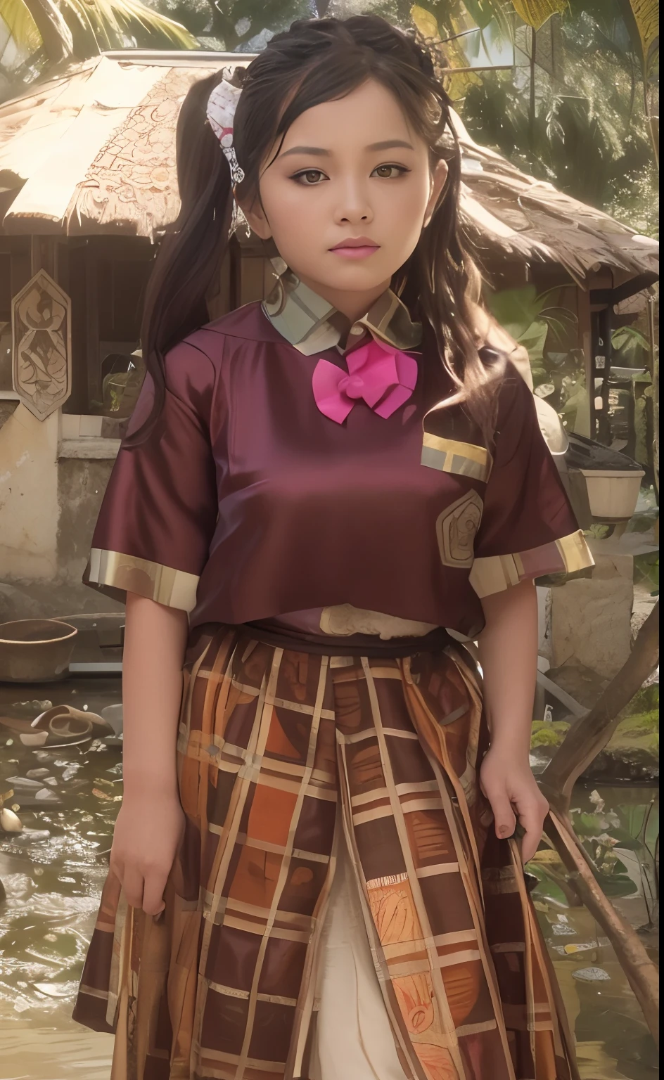 Masterpiece, Best Quality, 3D Rip Artwork, 3DMM Style, Close-up, Portrait, Realism, a woman beautifully makeup, eyeshadow, Parted Lips, Challenge Eye, beautiful big eyes, long eye lashes, wearing ((fuschia and withe satin headscarf)), loosely tide hijab style, (( batik satin shirt)), ((batik satin long maxi skirt)), strolling on a trail in the spring, garden, river
