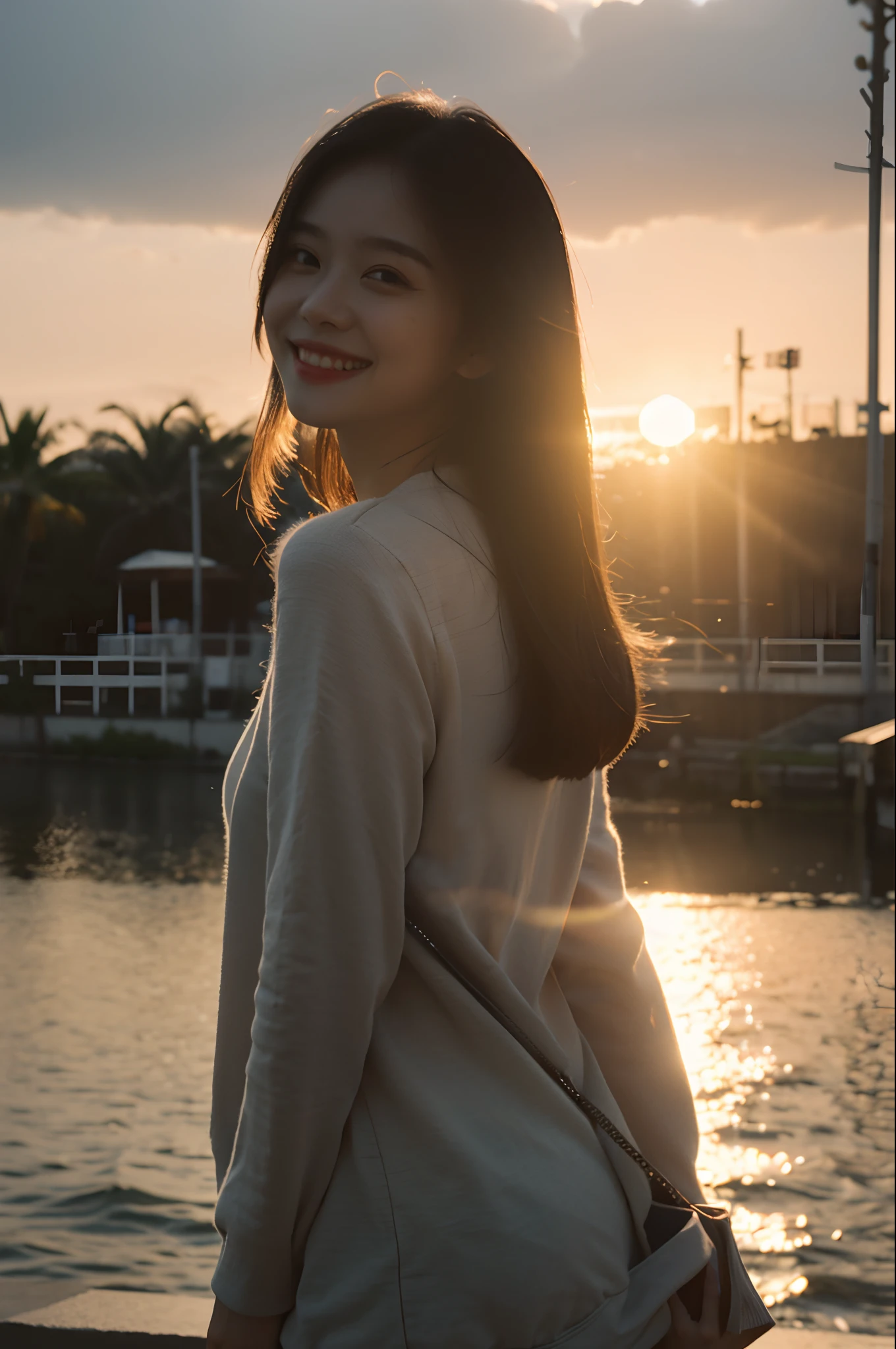 Best Quality,Masterpiece,The ultra-Highres,(Realisticity:1.4),OriginalPhoto,Cinematic lighting,
1Girl,Smile,Back lighting,sunset,