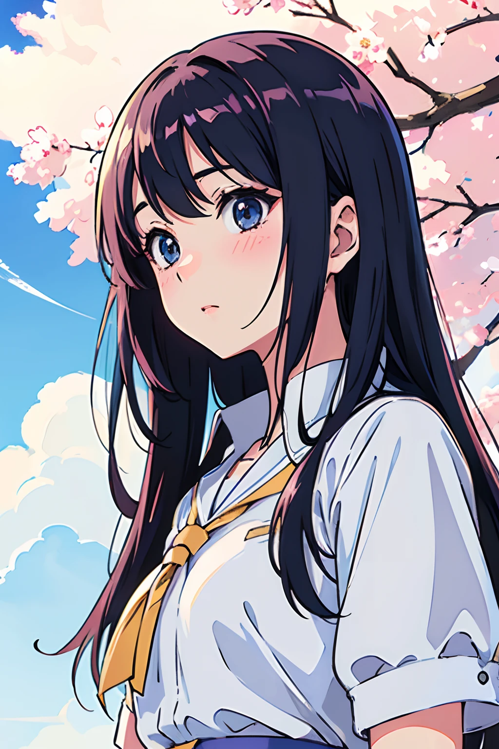 (A high resolution, Best quality:1.2), 1girll, Radiance, soft contour, Beautiful drawing, Upper body, concept-art, eyeslashes, Kyo Ani Hinata style, touko, Sun, Spring, Blue sky, Detailed background, Light blush, Bright colors