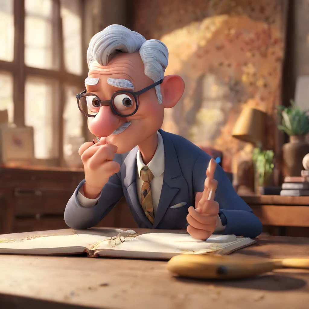 Crie um cartaz inspirado na Disney Pixar com o personagem sendo o pastor Rubens Janier, A gray-haired man wearing glasses, in an office with a Bible on the table