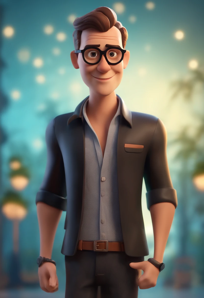 Cartoon character of a man wearing black glasses and a shirt with a musical keyboard under his arm , um personagem animado, Caractere estilizado, animation style rendering, 3D estilizado, Arnold Maya render, 3 d render stylized, toon render keyshot, Personagem 3D, Personagem 3D, 3d rendering stylized, 3 d character render, personagem de desenho animado, Personagem de close up, Pose de personagem, (Estilo Pixar) (master part:1.2) (Bokeh) (best quality) (pele detalhada) (textura detalhada) (8k) (argila) (Cinematic lighting) (foco nítido,Senta e vaza a parte superior do corpo