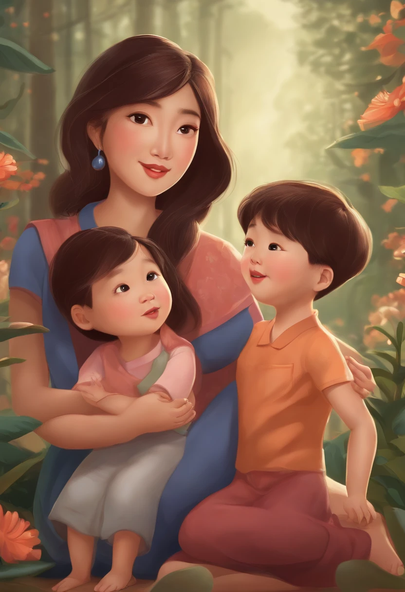 cartoon, mom and kids, korean style,