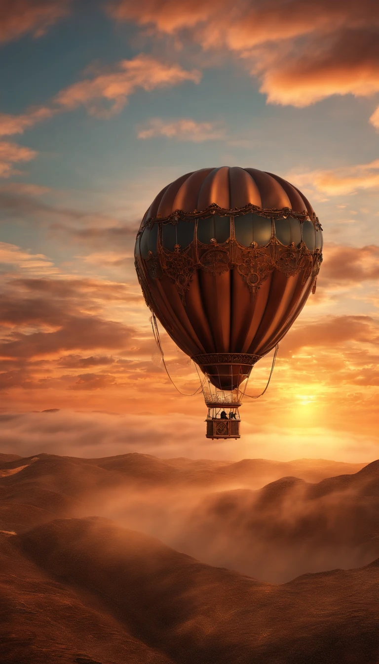steampunk hot air balloon, skimming on top of clouds, intricate, sunset, beautiful composition. 3 d render，