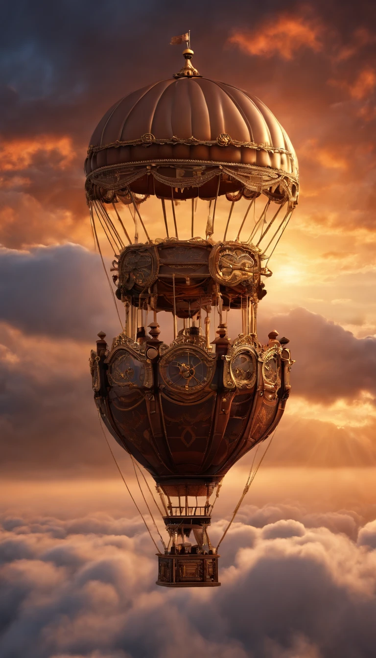 steampunk hot air balloon, skimming on top of clouds, intricate, sunset, beautiful composition. 3 d render,