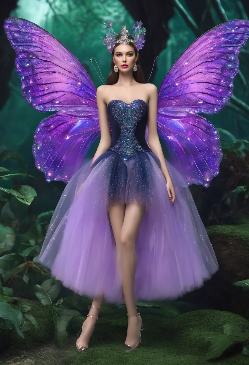 Design virtual clothing,The Night Pearl Twinkle butterfly is the main source of inspiration,The color is predominantly macaron blue,Macaron purple,Macaron pink,It is shaped like a skirt,The design style is sci-fi, High-end and modern,The texture of the garment presents a three-dimensional silk silk light texture,The design screen presents a picture of the entire costume design,The background presents a natural scene of the forest, It has the texture of three-dimensional transparent glass crystals,Among them there is a bright surface of water,Colorful plants,Huge trees and vivid birds,C4D design, Design tools