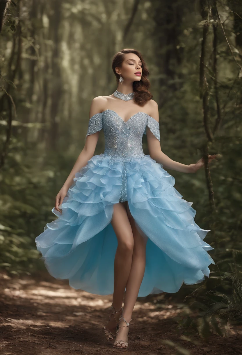 mulher bem vestida, com um lindo vestido de festas, perto de um lago azul