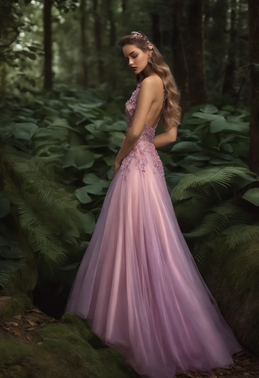 Design virtual clothing,The Night Pearl Twinkle butterfly is the main source of inspiration,The color is predominantly macaron blue,Macaron purple,Macaron pink,It is shaped like a skirt,The design style is sci-fi, High-end and modern,The texture of the garment presents a three-dimensional silk silk light texture,The design screen presents a picture of the entire costume design,The background presents a natural scene of the forest, It has the texture of three-dimensional transparent glass crystals,Among them there is a bright surface of water,Colorful plants,Huge trees and vivid birds,C4D design, Design tools