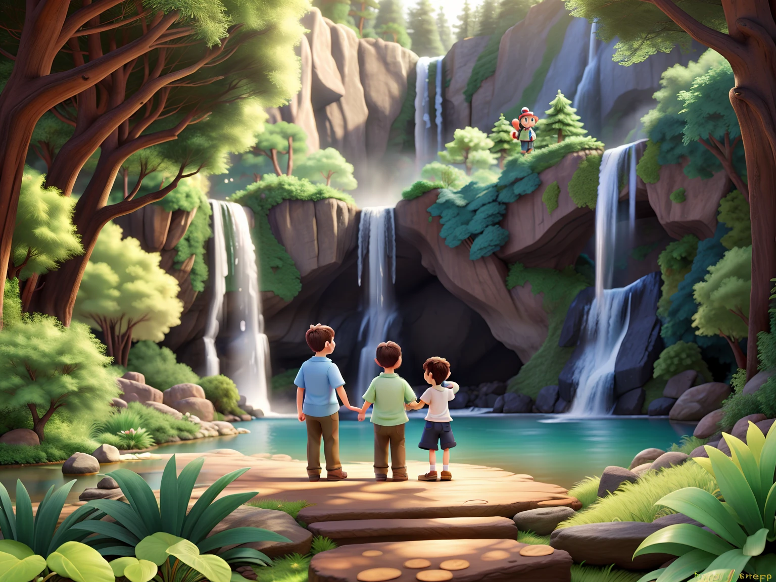 Happy family in the forest and waterfall disney style