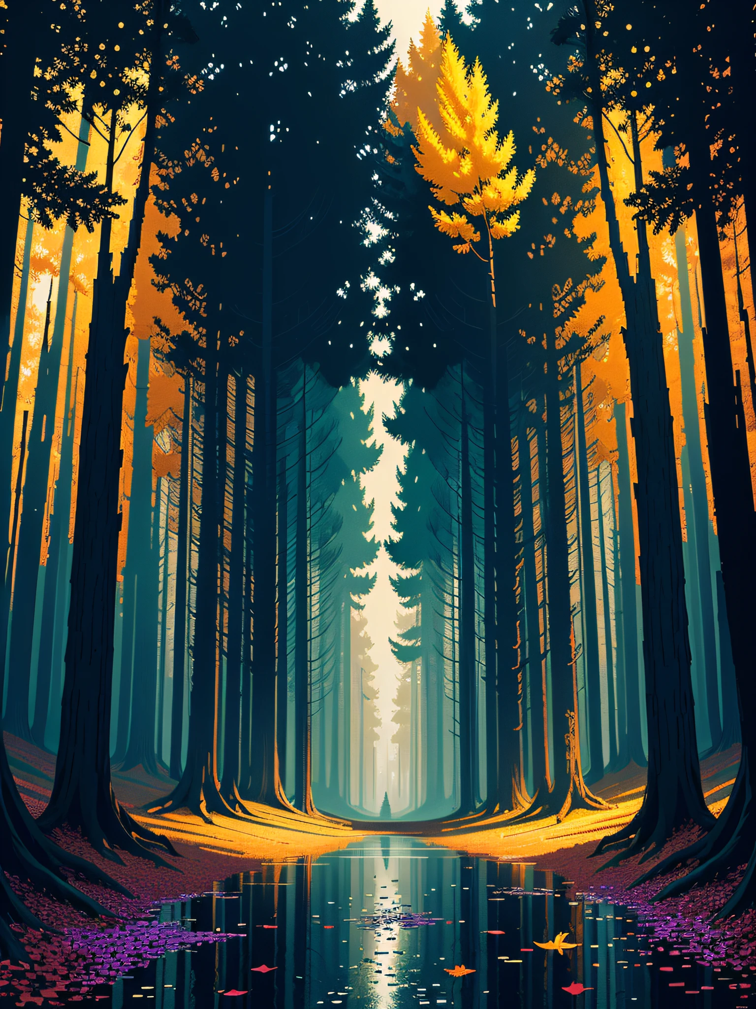pixel art, forest, intricate, colorful, high contrast colors, very detailed, high quality, made by Aase Berg, panoramic shot, cinematographic illumination