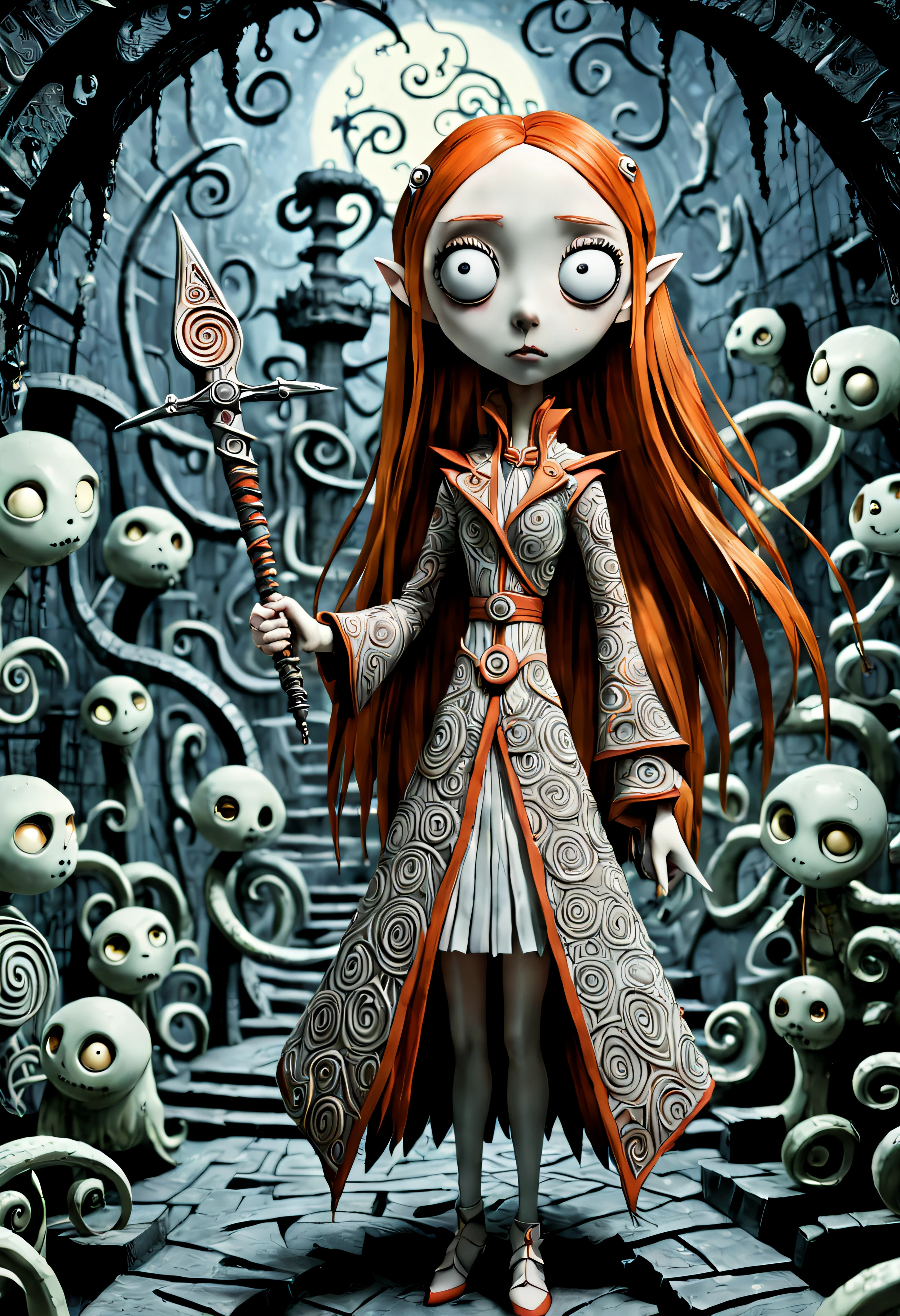 Asuna, the heroine of the anime realm, steps into a Tim Burton-inspired labyrinth. Each twist and turn reveals new wonders â peculiar creatures with anime eyes and Burtonesque charm, all wearing outfits adorned with mesmerizing geometry patterns. Asuna's sword, etched with intricate geometric designs, guides her through the maze. The labyrinth, a blend of anime aesthetics and Burtonesque surrealism, becomes a canvas for adventure where every corner hides a peculiar surprise.,(hand drawn with pencil:1.15), (tim burton style:1.27), ,