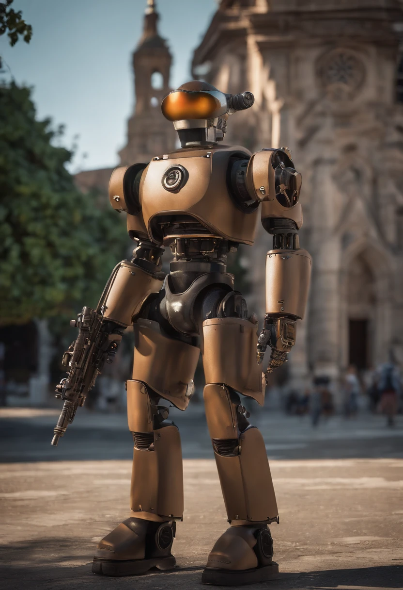 It's two robots walking down the street with guns, detailed cinematic photography, arte digital steampunk, bigstudiovfx, still image from tv series, anthropomorphic female, Destaque no Vimeo, Modelos de Yasuke 5 0 0 px, Directed by: Robert Koehler, formas de vida humanas interconectadas, Fotografado em lentes anamórficas create a character inspired by the pixar universe, put all the art in vibrant colors and all the characteristics of this animation, a 30 year old man, medium body, bald head, medium light brown beard, honey green eyes, playing a black guitar in front to a church