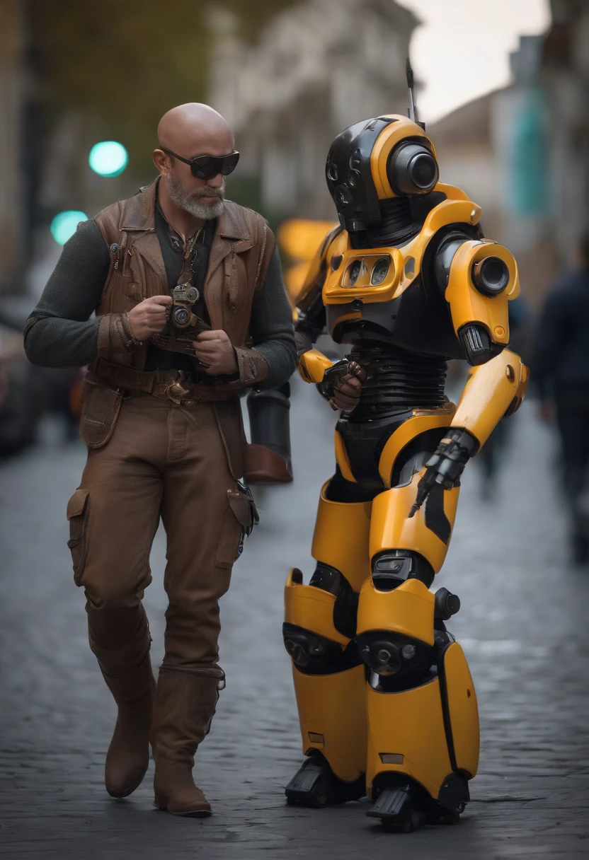 It's two robots walking down the street with guns, detailed cinematic photography, arte digital steampunk, bigstudiovfx, still image from tv series, anthropomorphic female, Destaque no Vimeo, Modelos de Yasuke 5 0 0 px, Directed by: Robert Koehler, formas de vida humanas interconectadas, Fotografado em lentes anamórficas  create a character inspired by the pixar universe, put all the art in vibrant colors and all the characteristics of this animation, a 30 year old man, medium body, bald head, medium light brown beard, honey green eyes, playing a black guitar in front to a church