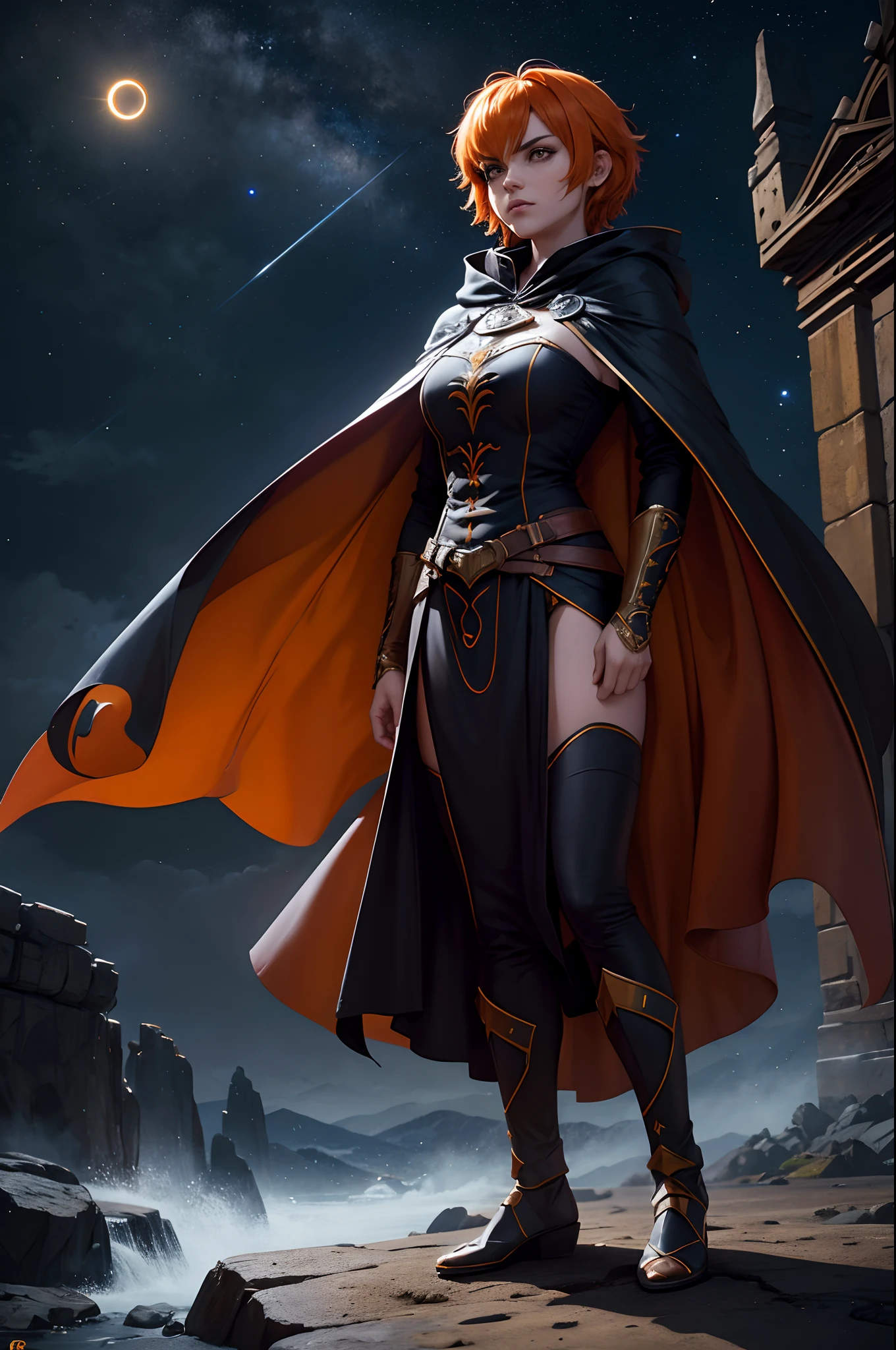 A female character with short orange hair wearing a flowing cape and crowd dressed in cape and hood, night sky, Eclipse, 8k, Magnificent, adulto, armadura detalhada, Magnificent, lo gothic, Cidade medieval, Hiroglifos, dourado preto, folded arms, fluttering cover